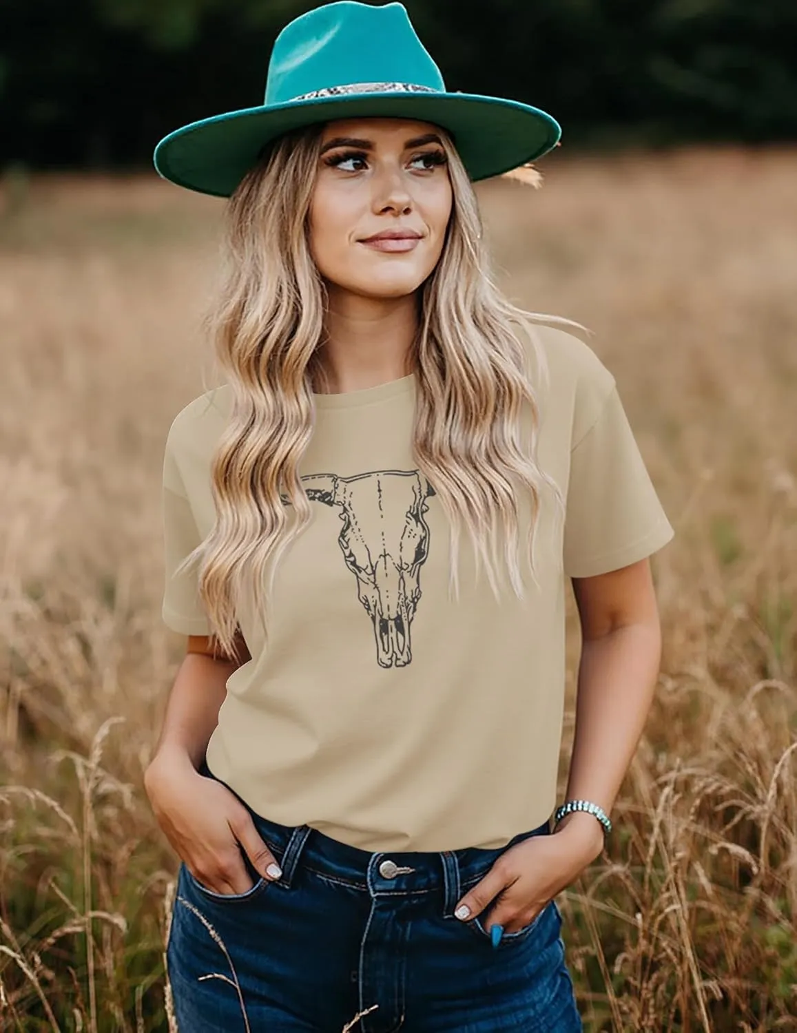 LETSEE Women's Cow Skull Western Rodeo Tops Shirt Boho Cowgirl T Shirt Short Sleeve Casual Tops Graphic Tees