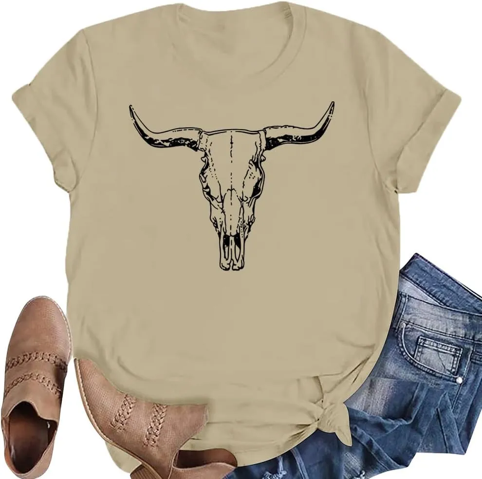 LETSEE Women's Cow Skull Western Rodeo Tops Shirt Boho Cowgirl T Shirt Short Sleeve Casual Tops Graphic Tees