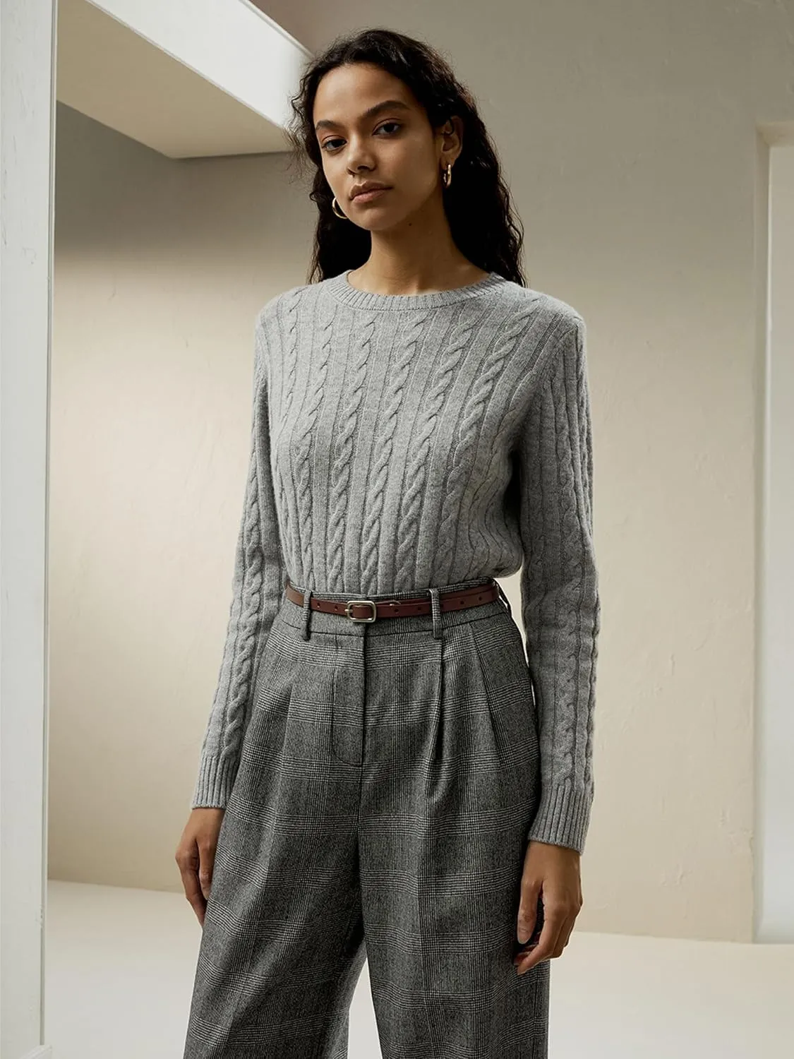LilySilk Wool Cashmere Sweater for Women Basic Classic Ladies' Pullover Preppy Style Ribbed Cable Knit Fall Winter Top