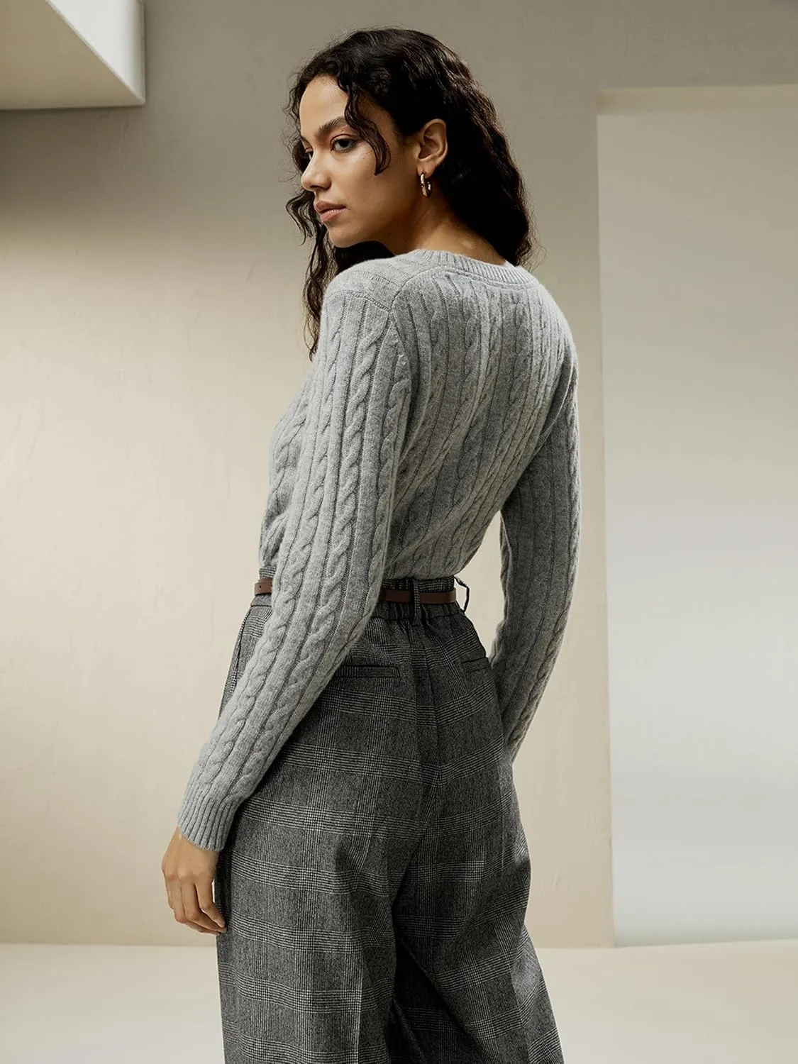 LilySilk Wool Cashmere Sweater for Women Basic Classic Ladies' Pullover Preppy Style Ribbed Cable Knit Fall Winter Top