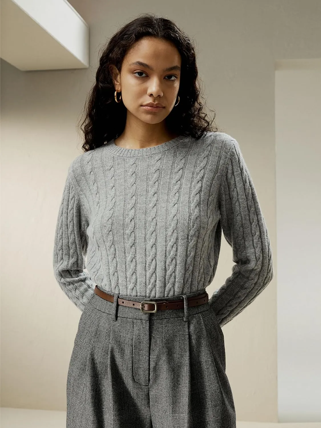 LilySilk Wool Cashmere Sweater for Women Basic Classic Ladies' Pullover Preppy Style Ribbed Cable Knit Fall Winter Top