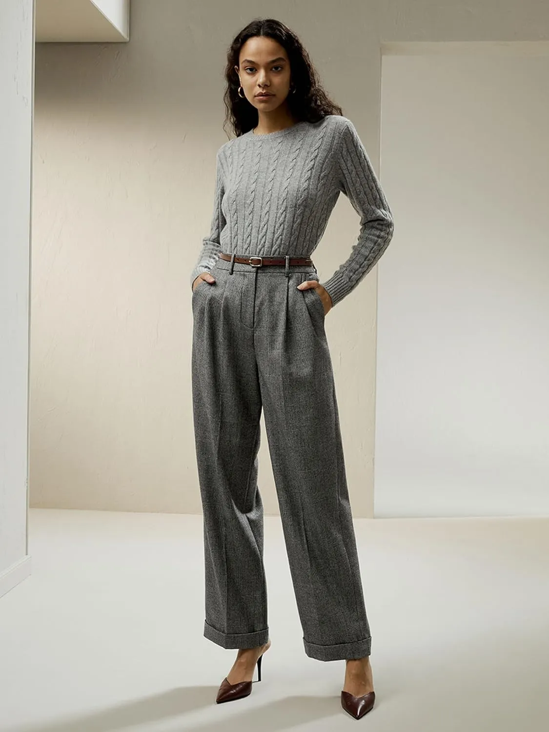 LilySilk Wool Cashmere Sweater for Women Basic Classic Ladies' Pullover Preppy Style Ribbed Cable Knit Fall Winter Top
