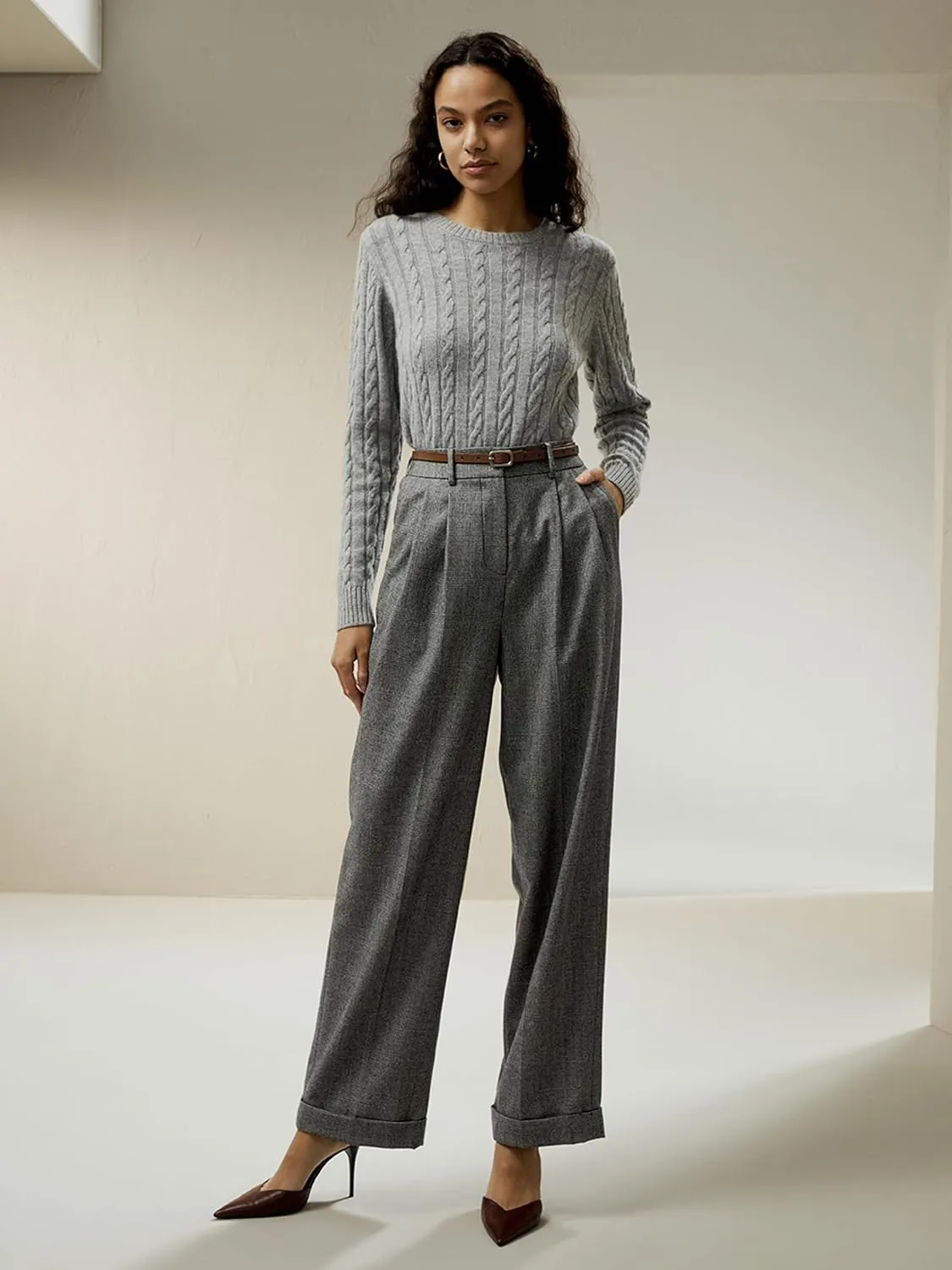 LilySilk Wool Cashmere Sweater for Women Basic Classic Ladies' Pullover Preppy Style Ribbed Cable Knit Fall Winter Top