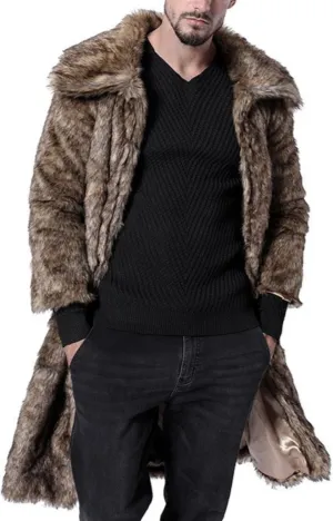 Men Mid Long Casual Faux Mink Coat Single Breasted Business Cozy Fur Jacket Winter Classic Fur Collar Outerwear