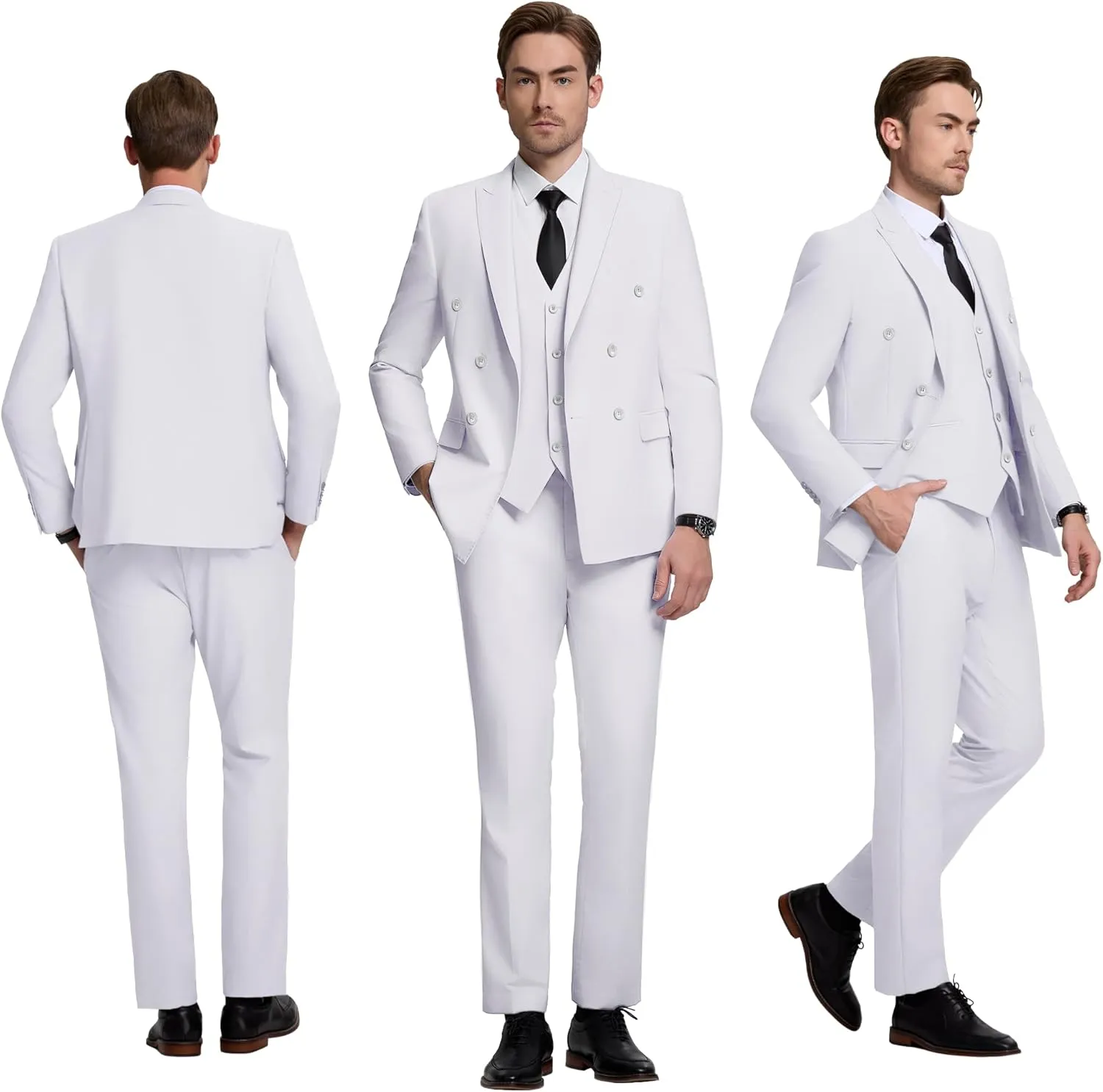 Mens Double Breasted Suit Slim Fit 3 Piece Suit Peak Lapel Solid Blazer Jacket Vest Pant Tuxedo Set for Wedding Business
