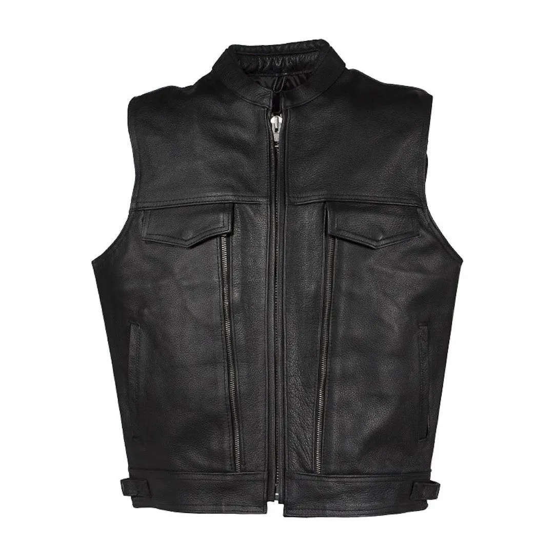 Mens Naked Leather Motorcycle Club Vest With Gun Pocket And Hidden Pockets