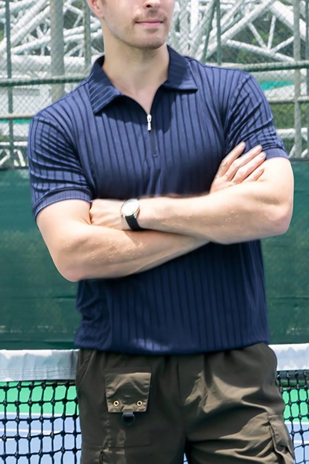 Men's Polo Shirts Short Sleeve T Shirts Ribbed Knit Zipper Polo Shirts Fashion Casual Golf Tee