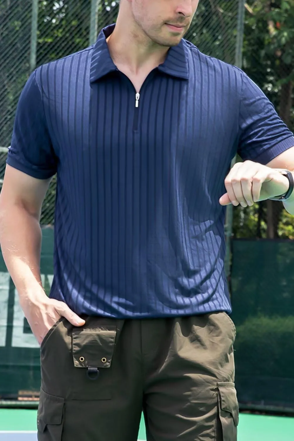 Men's Polo Shirts Short Sleeve T Shirts Ribbed Knit Zipper Polo Shirts Fashion Casual Golf Tee