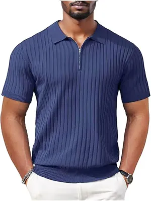 Men's Polo Shirts Short Sleeve T Shirts Ribbed Knit Zipper Polo Shirts Fashion Casual Golf Tee