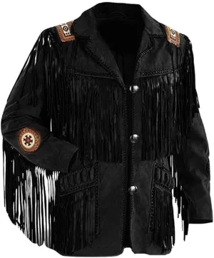 Mens Traditional Buckskin Cowboy Suede Leather Jacket Western Fringe/Beads Native American