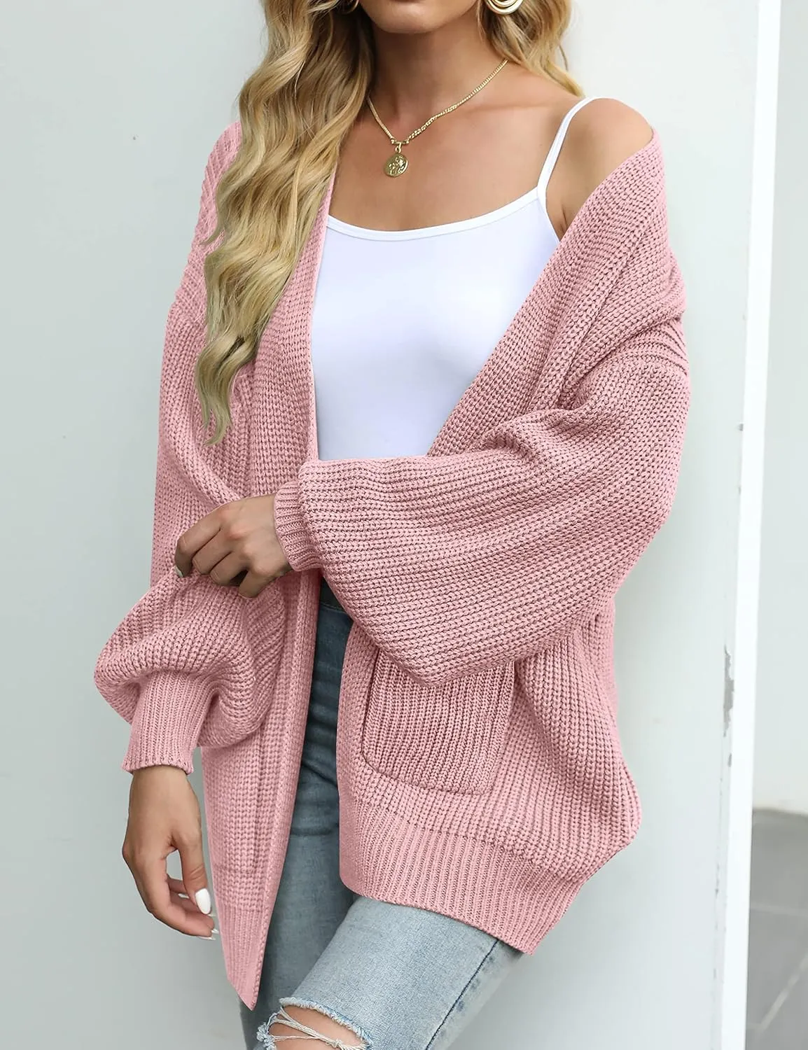 MEROKEETY Women's Fall Open Front Long Lantern Sleeve Cardigan Oversized Chunky Outwear with Pocket
