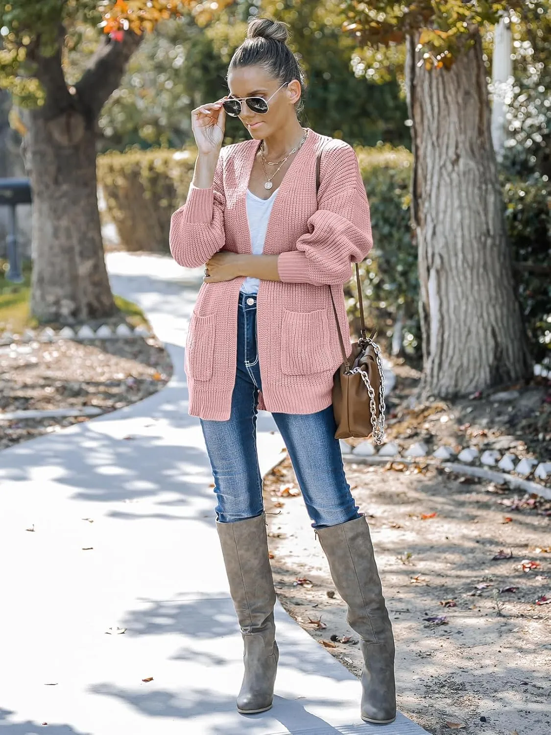 MEROKEETY Women's Fall Open Front Long Lantern Sleeve Cardigan Oversized Chunky Outwear with Pocket