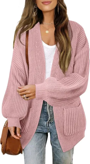 MEROKEETY Women's Fall Open Front Long Lantern Sleeve Cardigan Oversized Chunky Outwear with Pocket