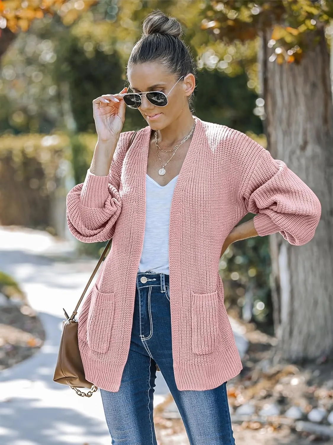 MEROKEETY Women's Fall Open Front Long Lantern Sleeve Cardigan Oversized Chunky Outwear with Pocket