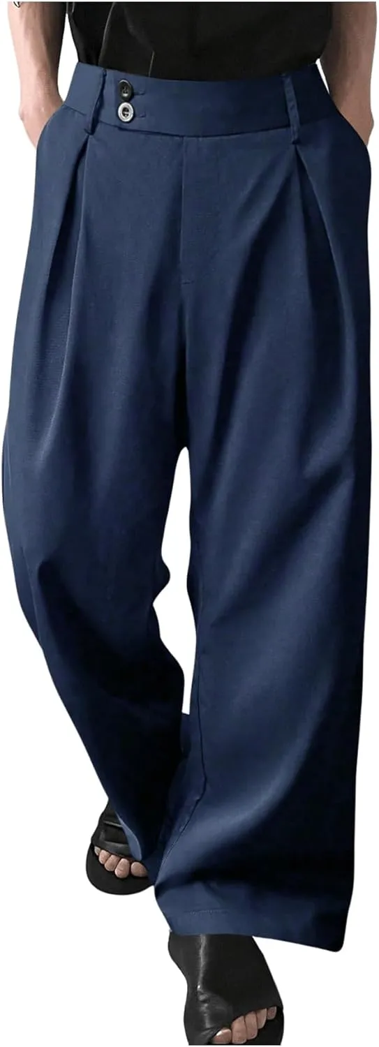 Milumia Men's High Waisted Wide Leg Pants Zipper Fly Loose Casual Trousers