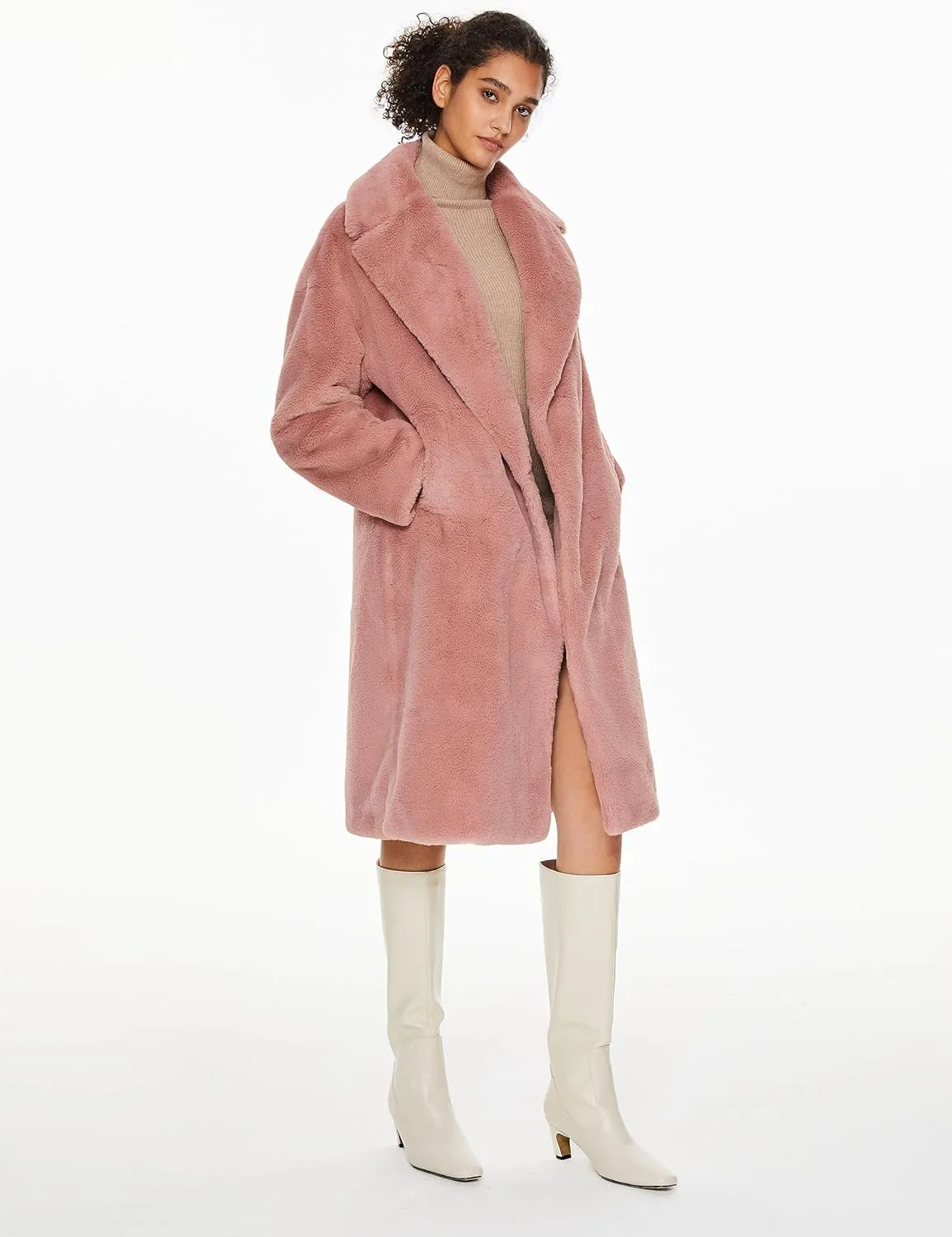 Orolay Women's Fuzzy Fleece Winter Jacket Faux Fur Lapel Coat Mid-Length Sherpa Teddy Coat