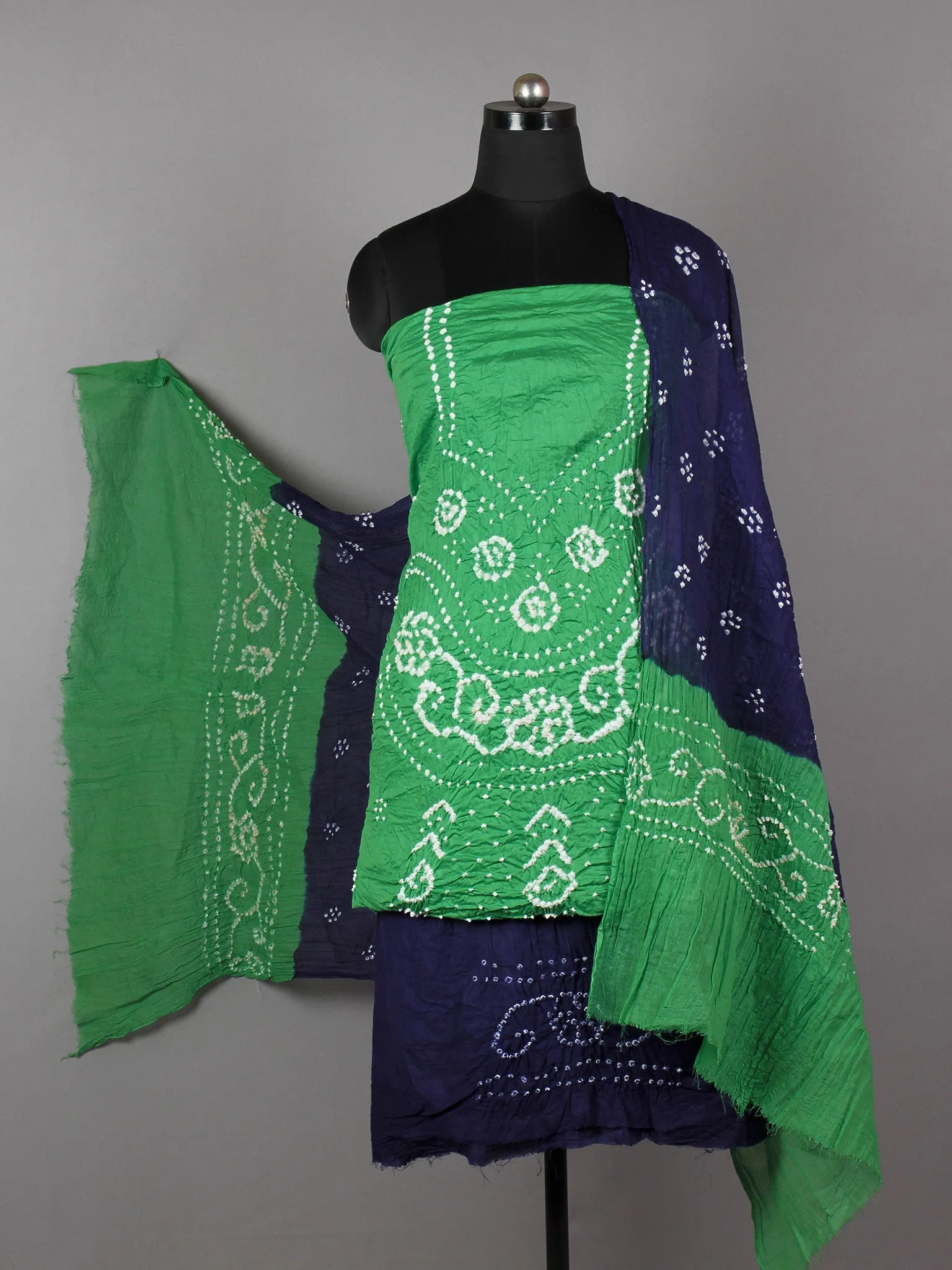 Pastel Green Indigo White Hand Tie & Dye Bandhej Suit Salwar Dupatta (Set of 3)  - S16281260
