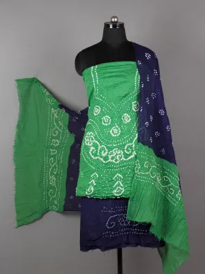 Pastel Green Indigo White Hand Tie & Dye Bandhej Suit Salwar Dupatta (Set of 3)  - S16281260