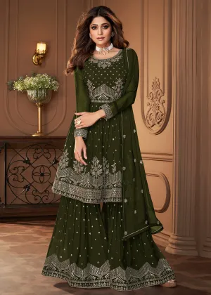 Peplum Designed Mahendi Embroidered Sharara Suit