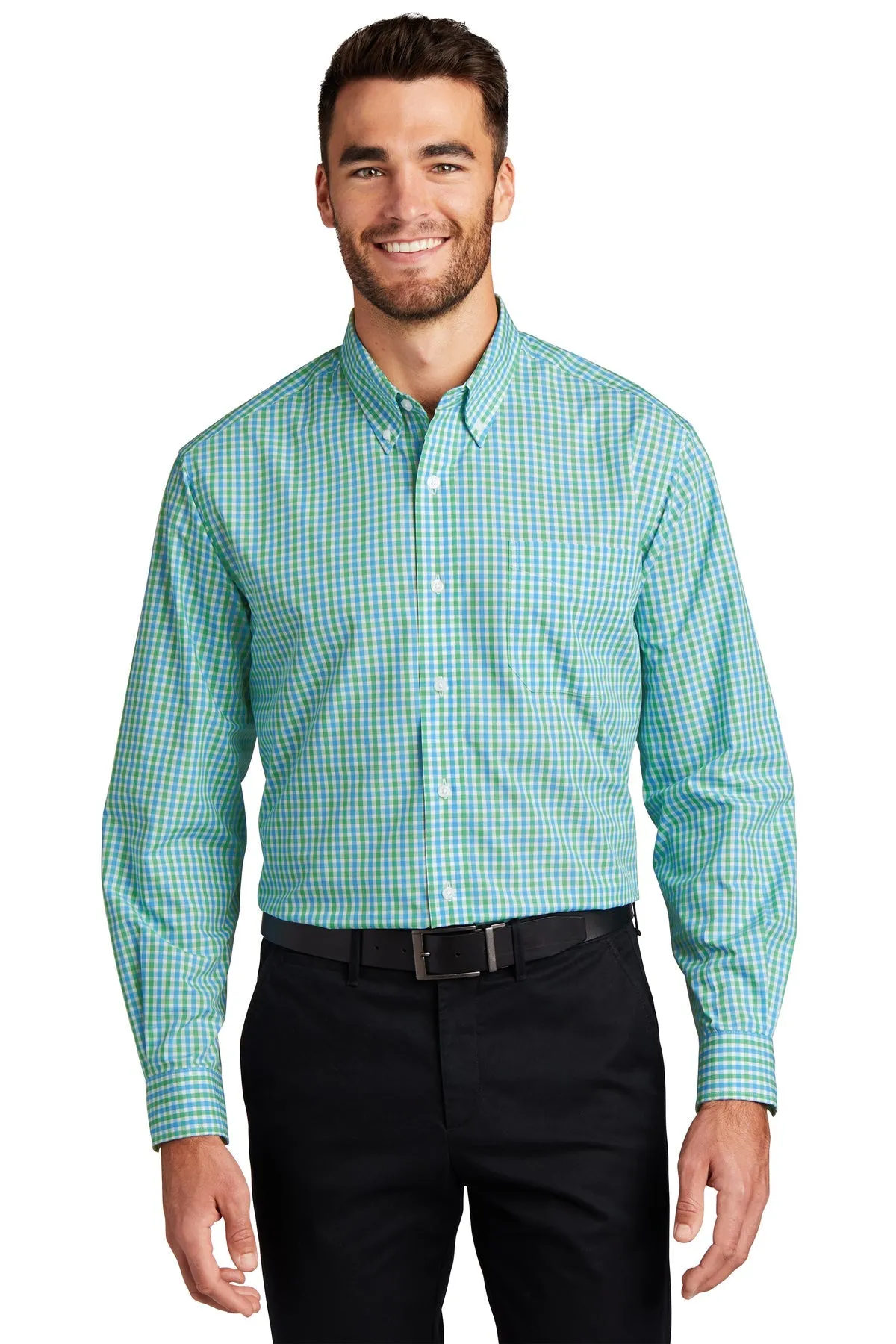 Port Authority Gingham Easy Care Custom Shirts, Green/ Aqua