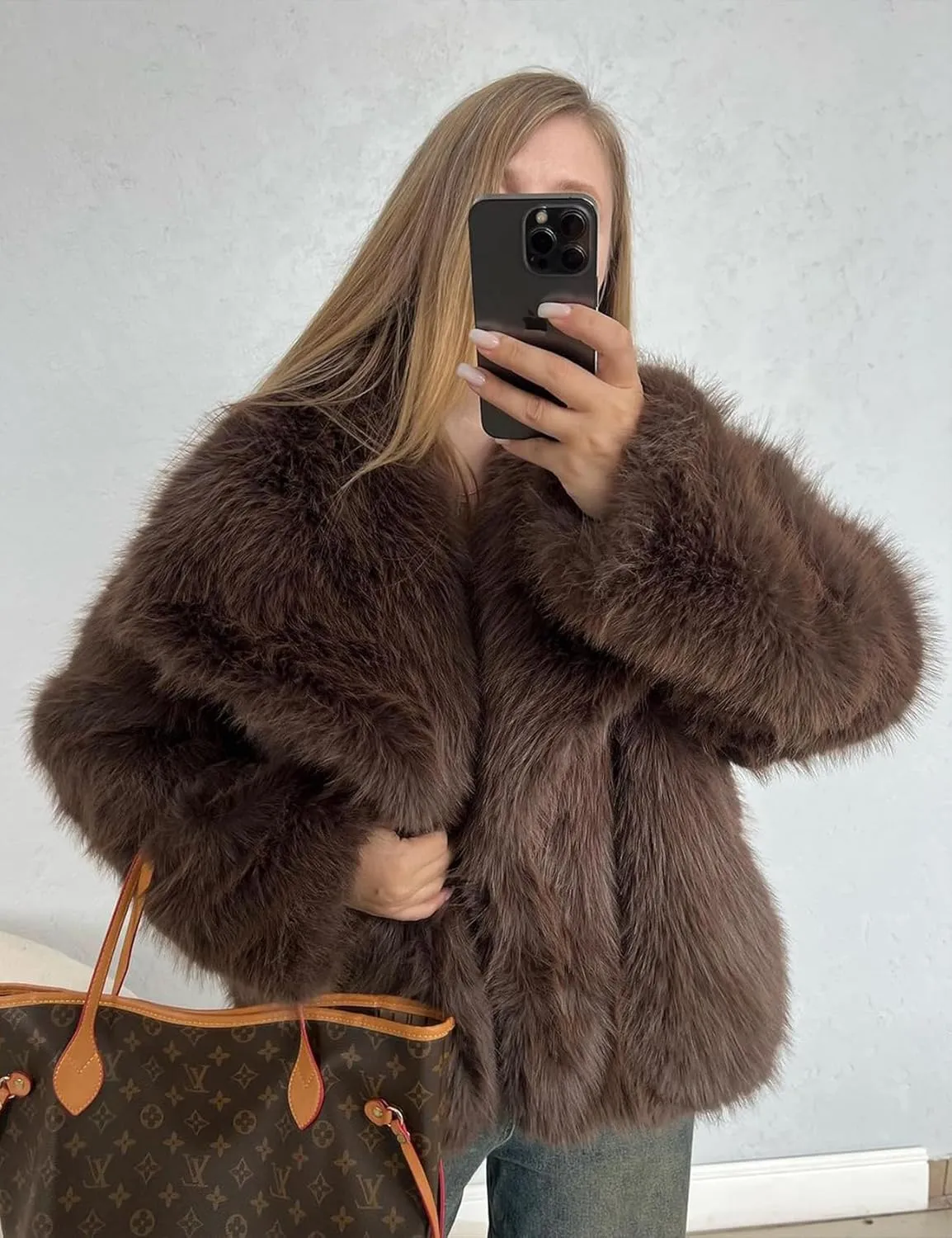 Shiyifa Faux Fur Coat for Women Fluffy Faux Fur Jacket Long Sleeve Open Front Cropped Fuzzy Outerwear