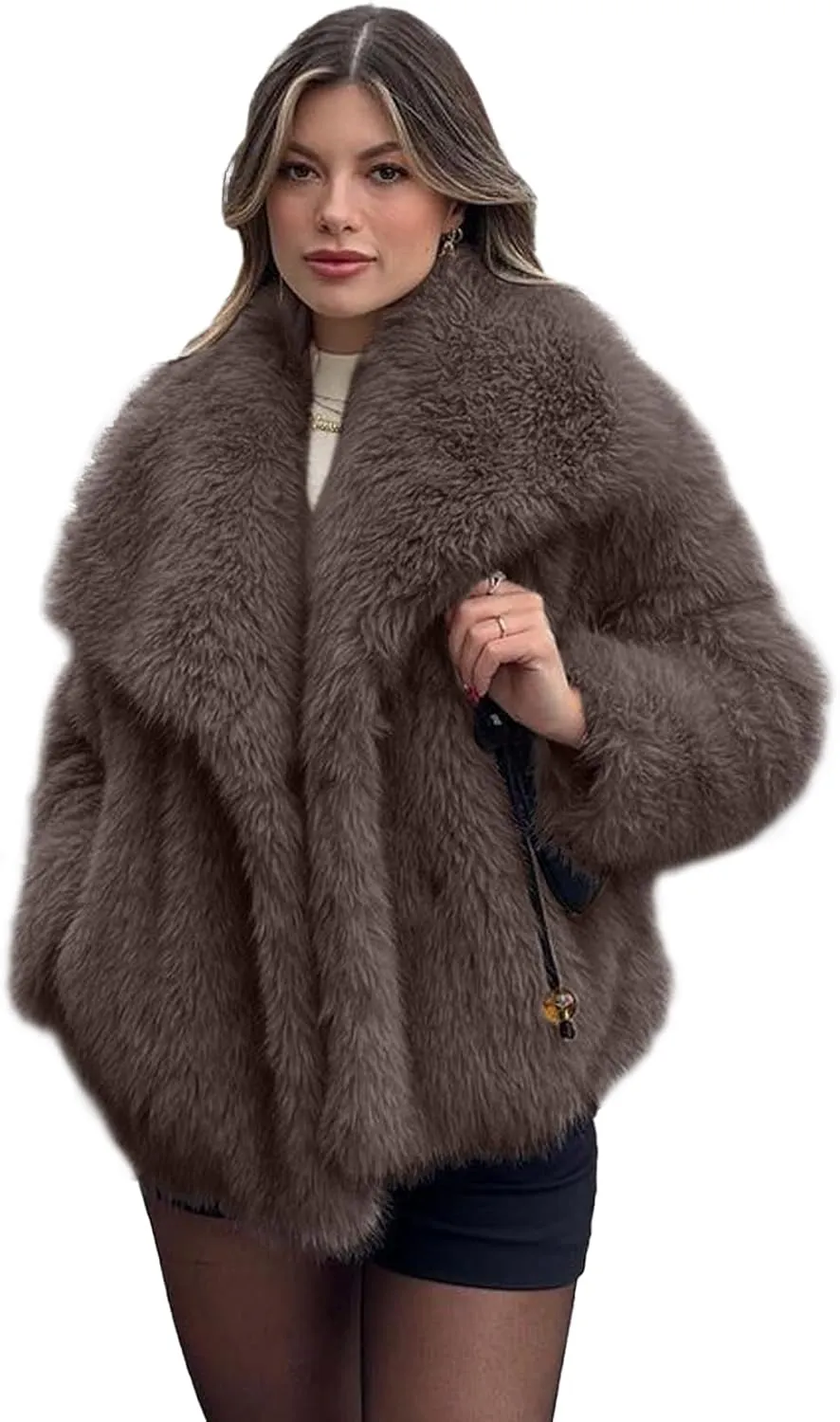 Shiyifa Faux Fur Coat for Women Fluffy Faux Fur Jacket Long Sleeve Open Front Cropped Fuzzy Outerwear