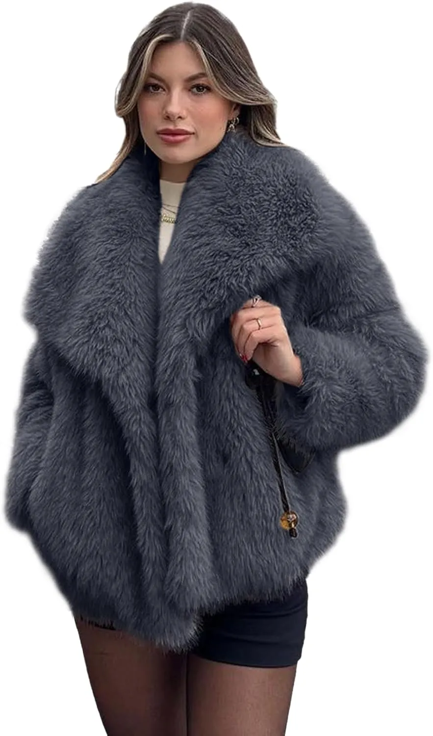 Shiyifa Faux Fur Coat for Women Fluffy Faux Fur Jacket Long Sleeve Open Front Cropped Fuzzy Outerwear
