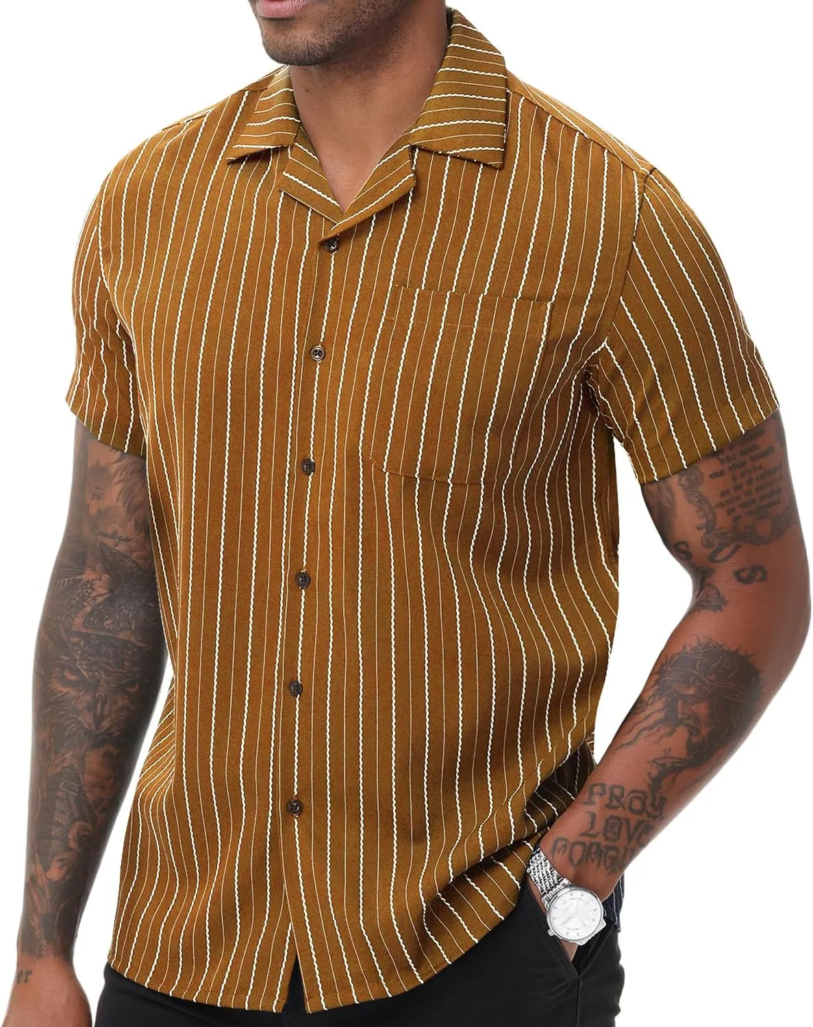 TUNEVUSE Men Hawaiian Shirt Vintage Striped Shirt Short Sleeve Summer Beach Causal Cuban Collar Shirt with Pocket