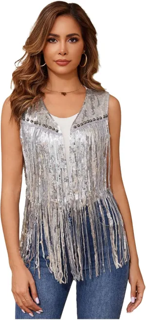 WERFORU Women's Sequin Sleeveless Tassel Vest Western Sequin Tassel Vest Sparkly Fringe Cowgirl Outfit