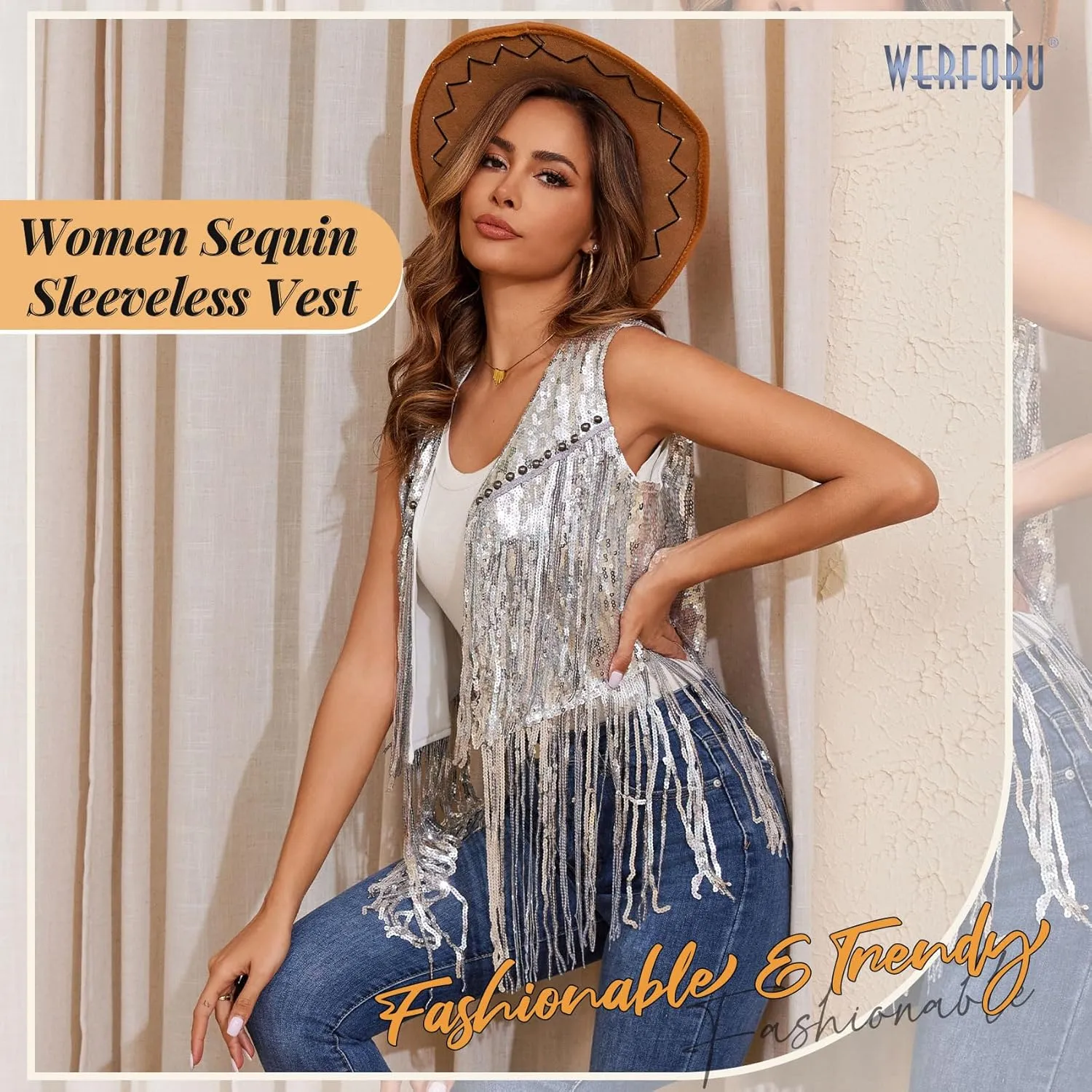 WERFORU Women's Sequin Sleeveless Tassel Vest Western Sequin Tassel Vest Sparkly Fringe Cowgirl Outfit