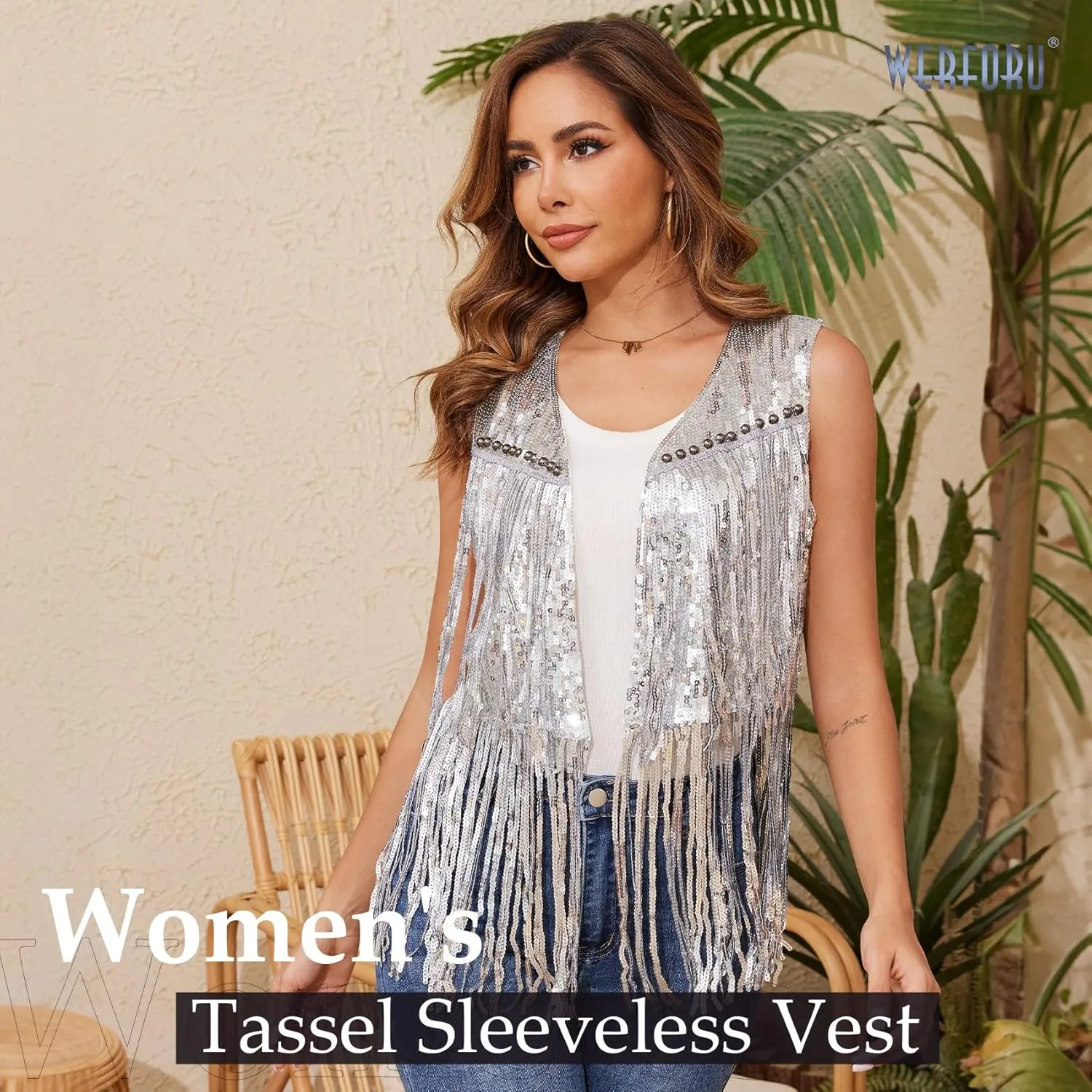WERFORU Women's Sequin Sleeveless Tassel Vest Western Sequin Tassel Vest Sparkly Fringe Cowgirl Outfit