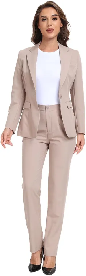 Women Classic Suits 2 Piece Bussiness Professional Work Outfits Office Attire Slim Fit Dressy Blazer Jacket Pants Suit Sets Champagne