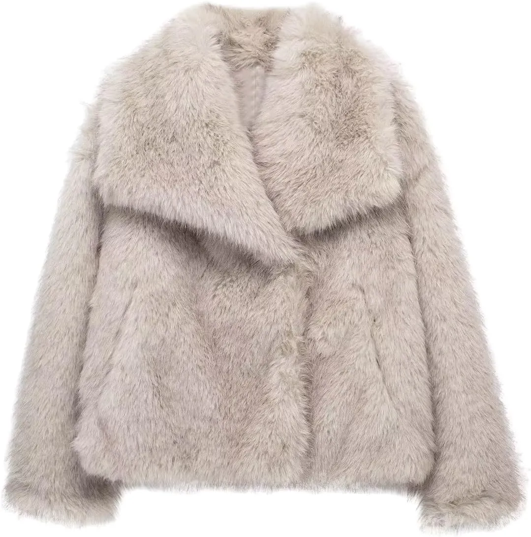 Women's Faux Fur Coat Cropped Fluffy Jacket Long Sleeve Open Front Shaggy Short Coat Outerwear