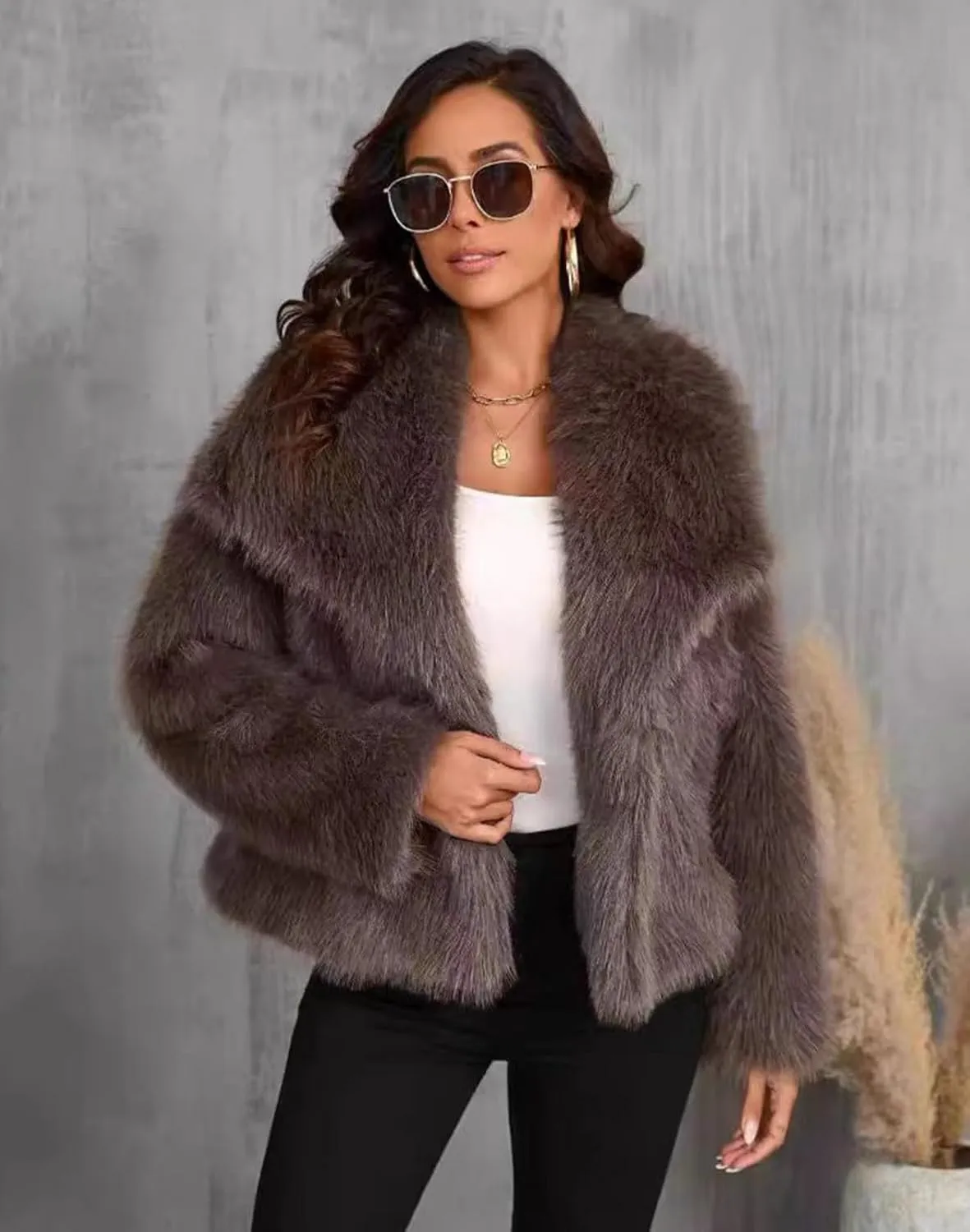 Women's Faux Fur Coat Cropped Fluffy Jacket Long Sleeve Open Front Shaggy Short Coat Outerwear