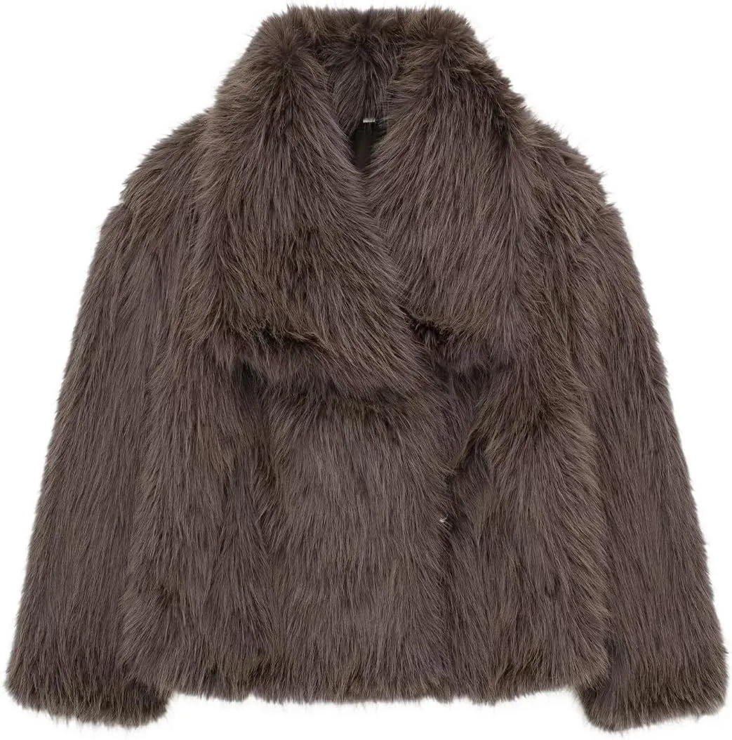 Women's Faux Fur Coat Cropped Fluffy Jacket Long Sleeve Open Front Shaggy Short Coat Outerwear