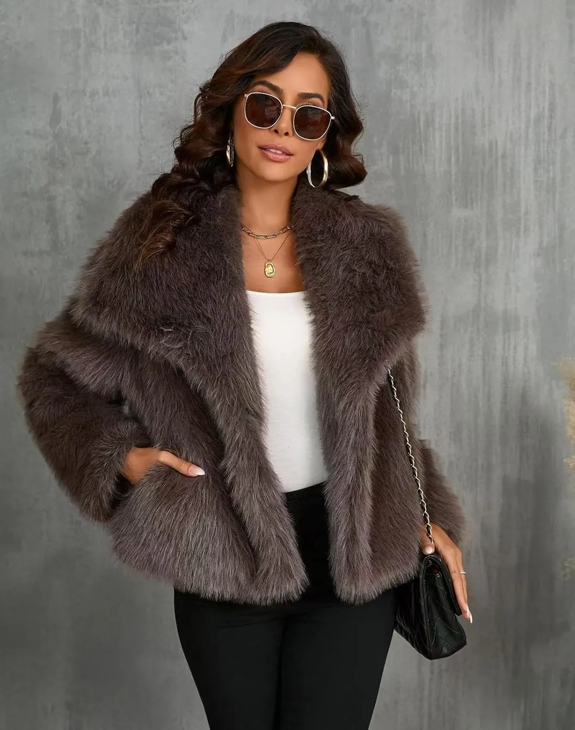 Women's Faux Fur Coat Cropped Fluffy Jacket Long Sleeve Open Front Shaggy Short Coat Outerwear