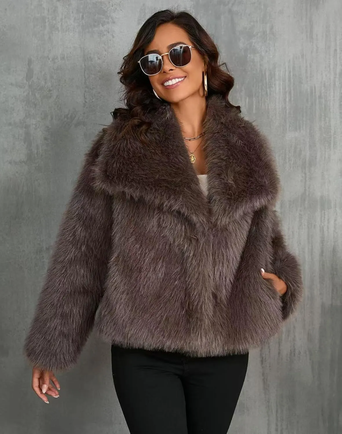 Women's Faux Fur Coat Cropped Fluffy Jacket Long Sleeve Open Front Shaggy Short Coat Outerwear