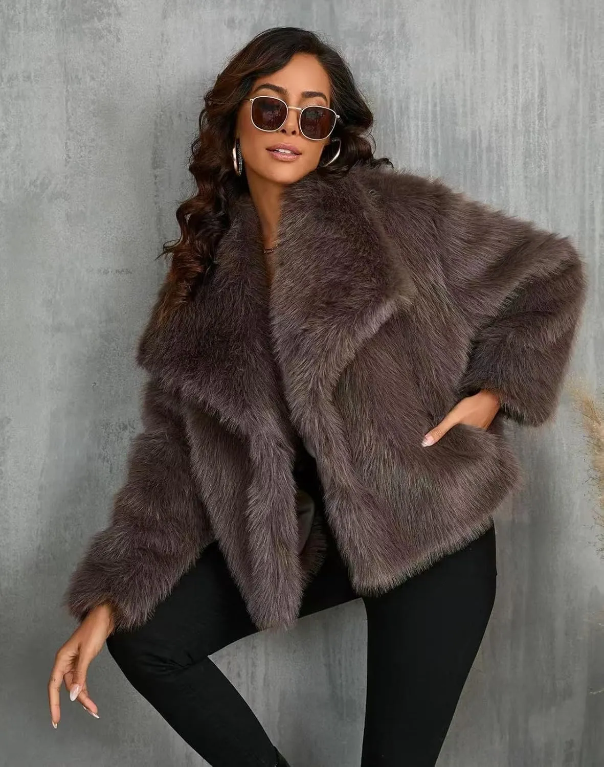 Women's Faux Fur Coat Cropped Fluffy Jacket Long Sleeve Open Front Shaggy Short Coat Outerwear