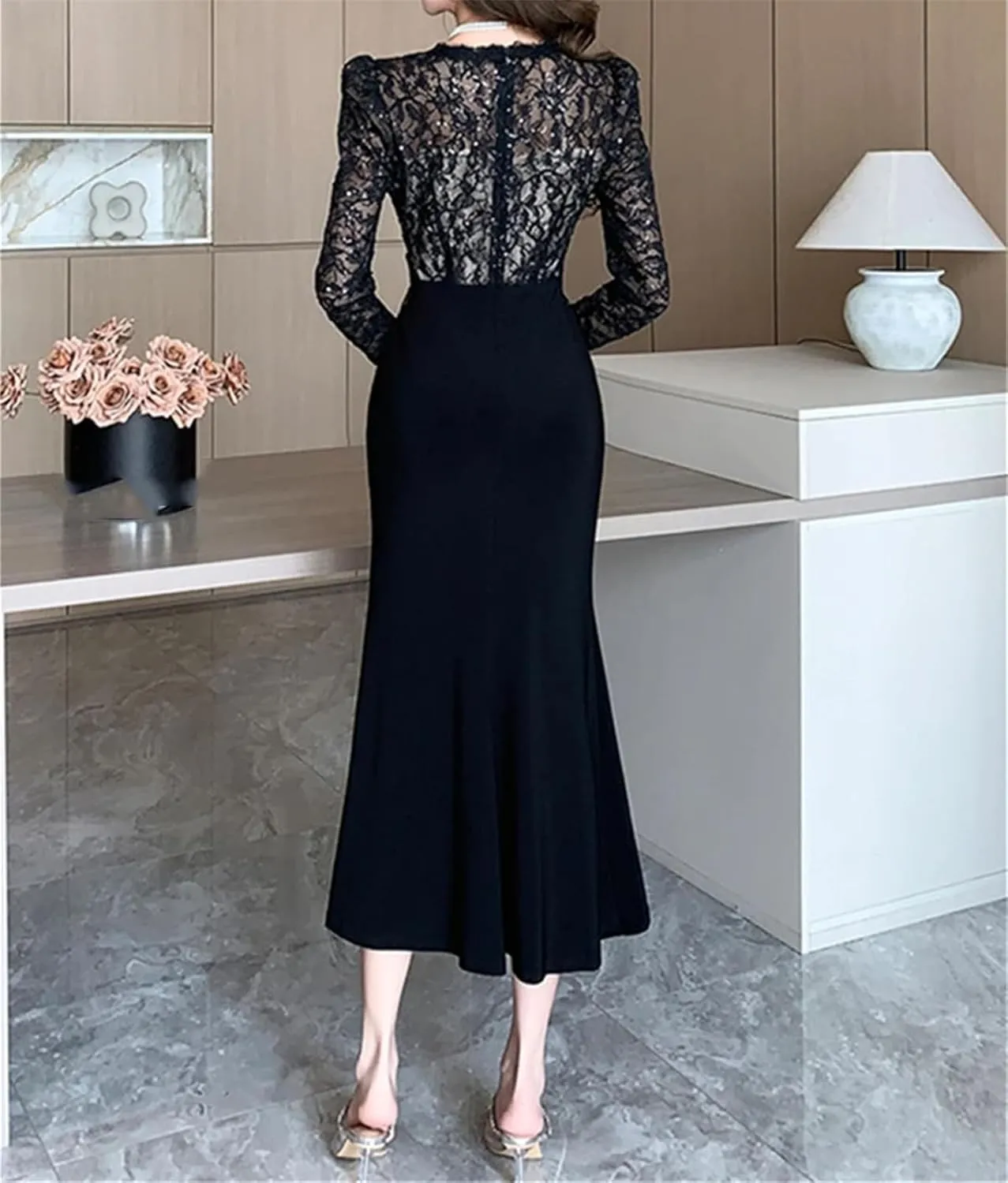 Women's Lace Fishtail Evening Dress - V-Neck Long Sleeve Slim Cocktail
