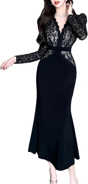 Women's Lace Fishtail Evening Dress - V-Neck Long Sleeve Slim Cocktail