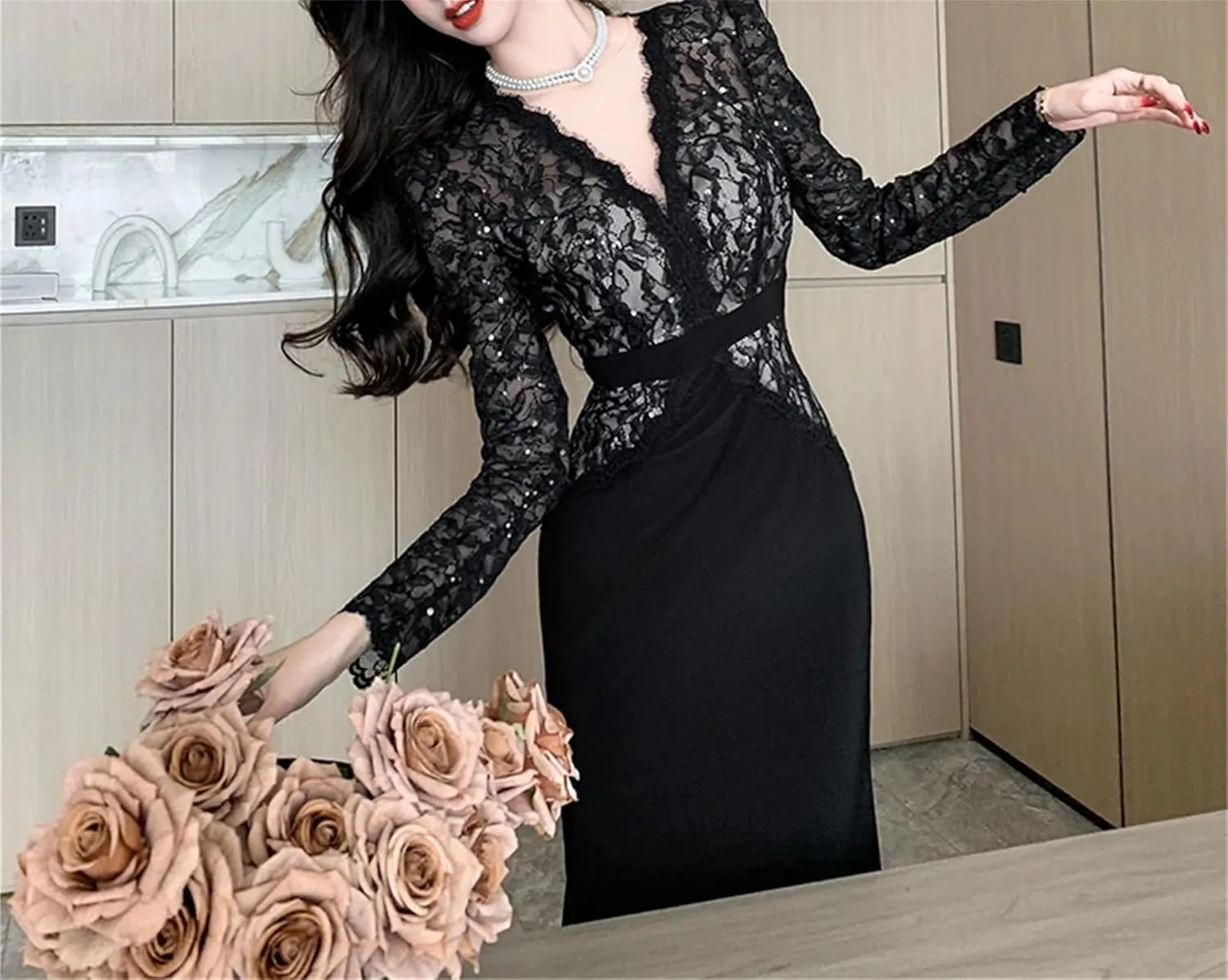 Women's Lace Fishtail Evening Dress - V-Neck Long Sleeve Slim Cocktail