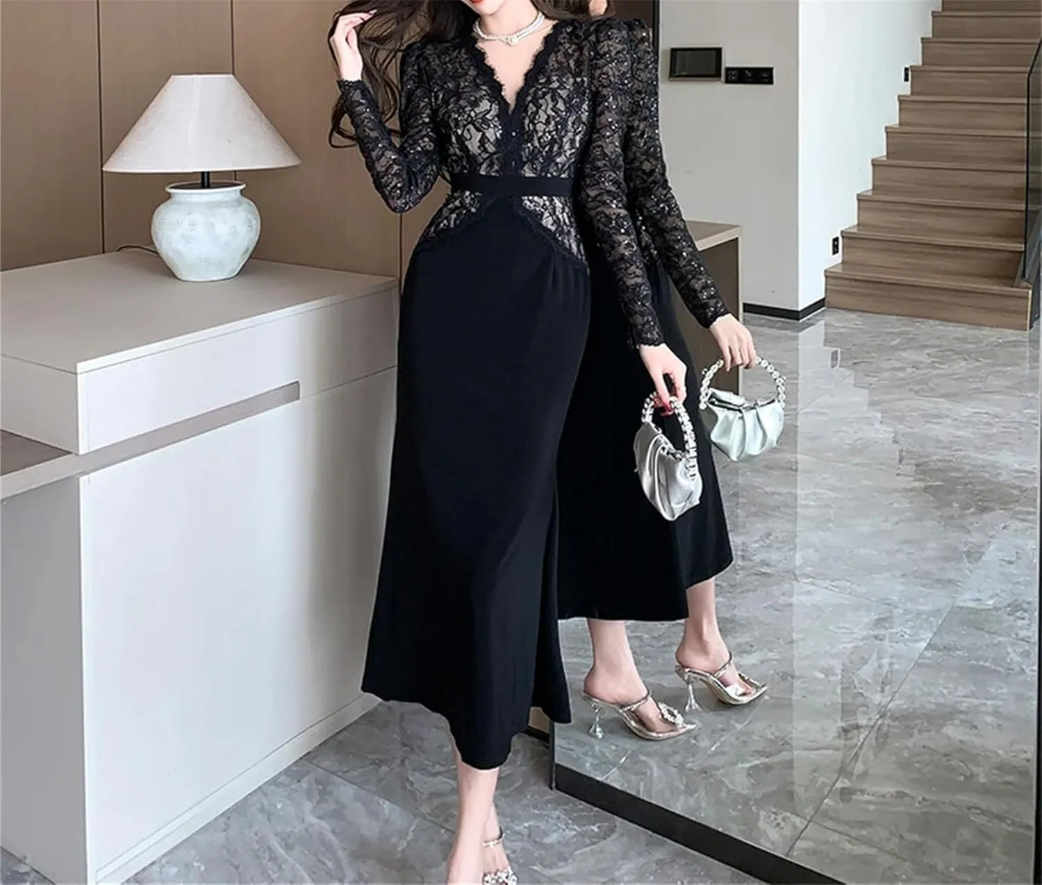 Women's Lace Fishtail Evening Dress - V-Neck Long Sleeve Slim Cocktail