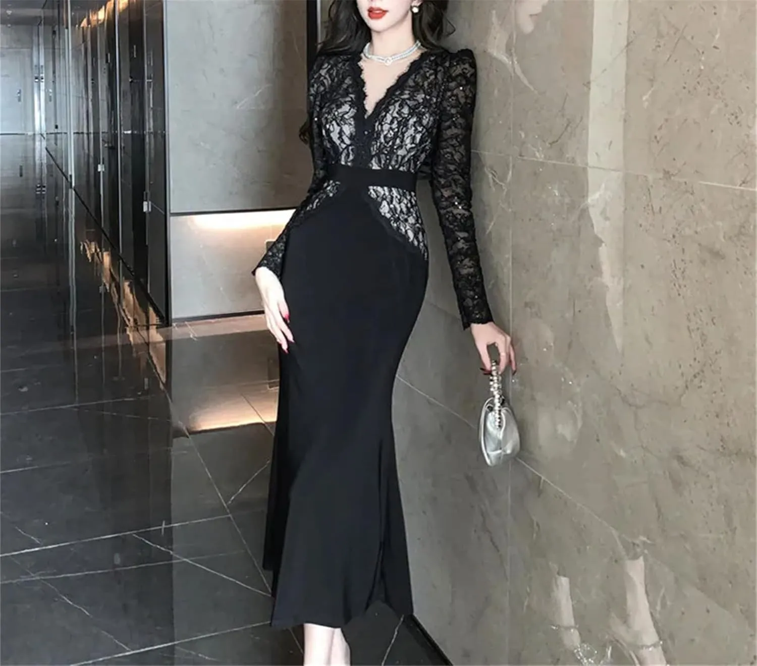 Women's Lace Fishtail Evening Dress - V-Neck Long Sleeve Slim Cocktail
