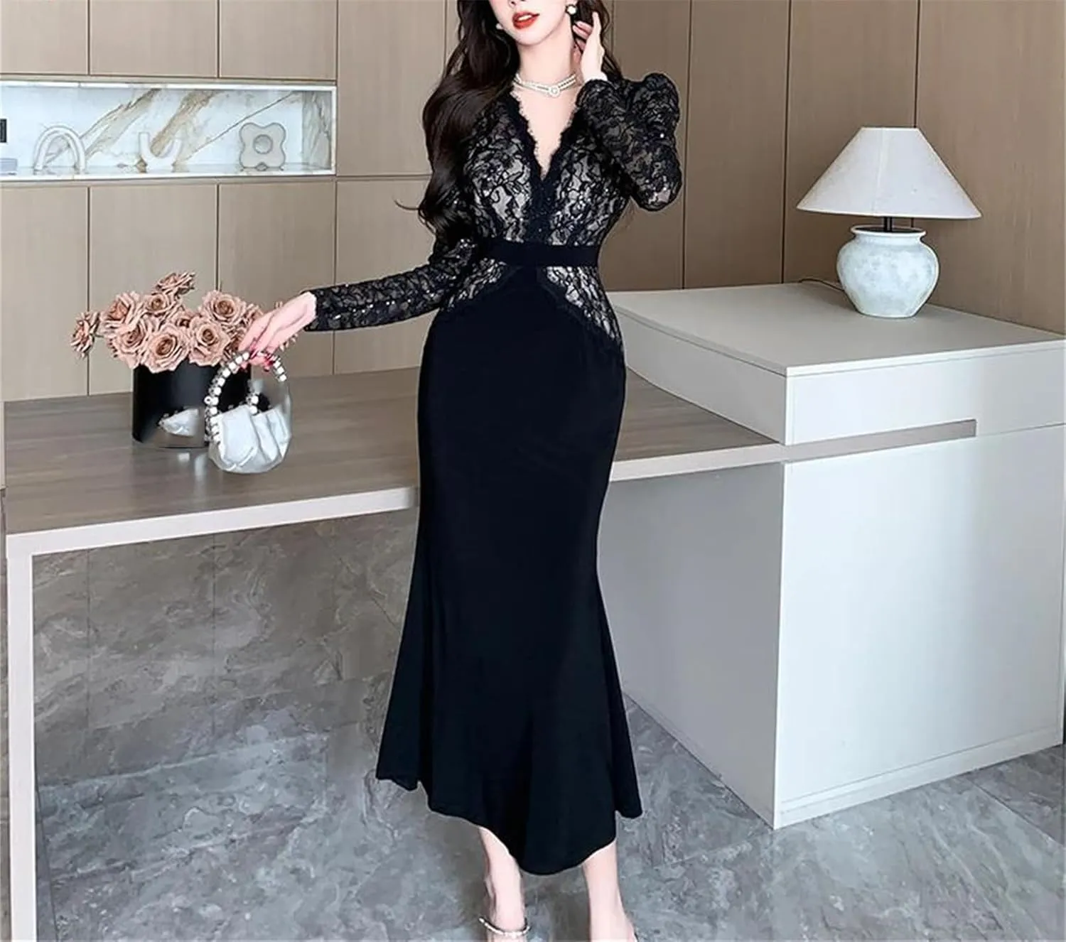 Women's Lace Fishtail Evening Dress - V-Neck Long Sleeve Slim Cocktail
