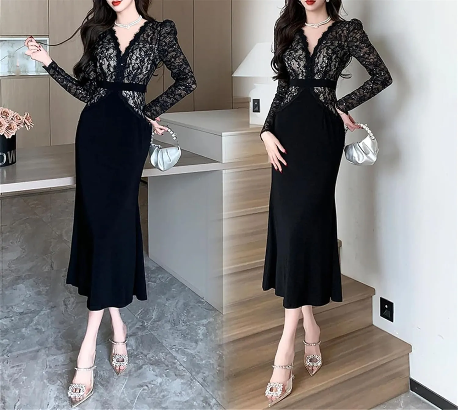 Women's Lace Fishtail Evening Dress - V-Neck Long Sleeve Slim Cocktail