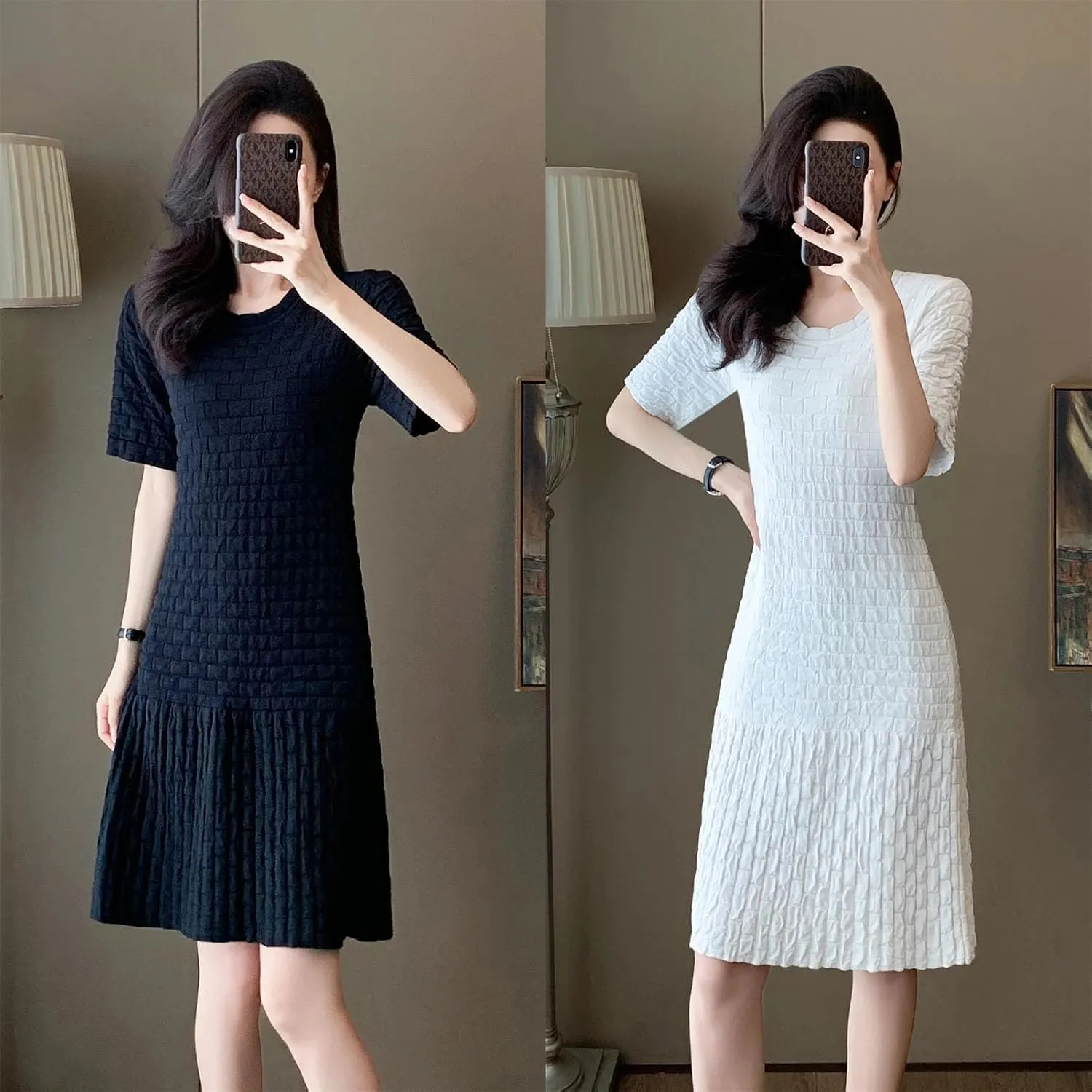 Women's Plaid Knitted Dress - O-Neck Short Sleeve Ruffled Pleated Party Dress