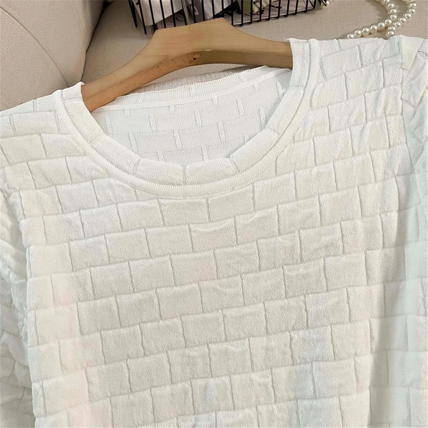 Women's Plaid Knitted Dress - O-Neck Short Sleeve Ruffled Pleated Party Dress