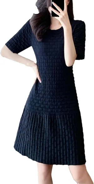 Women's Plaid Knitted Dress - O-Neck Short Sleeve Ruffled Pleated Party Dress
