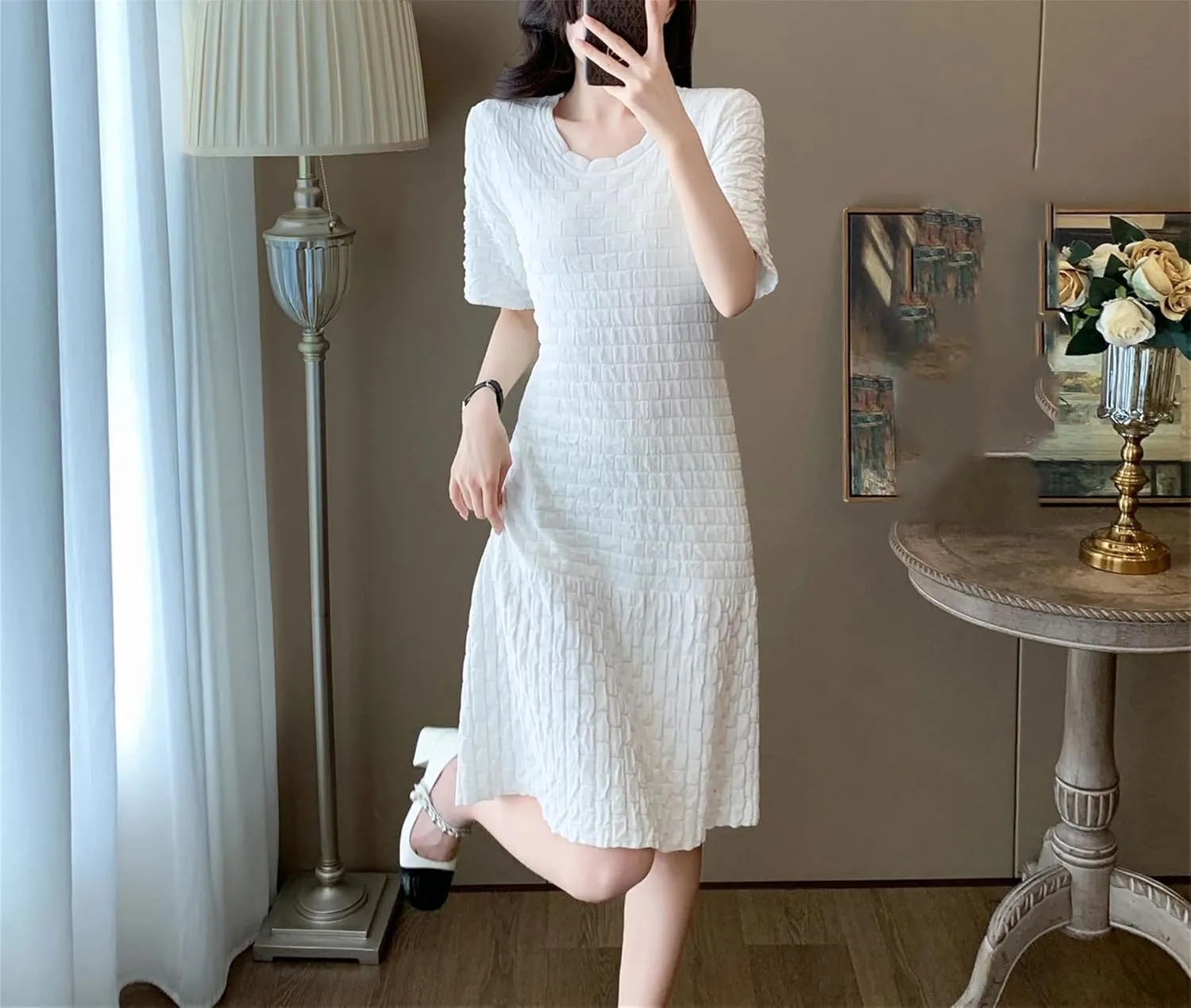 Women's Plaid Knitted Dress - O-Neck Short Sleeve Ruffled Pleated Party Dress