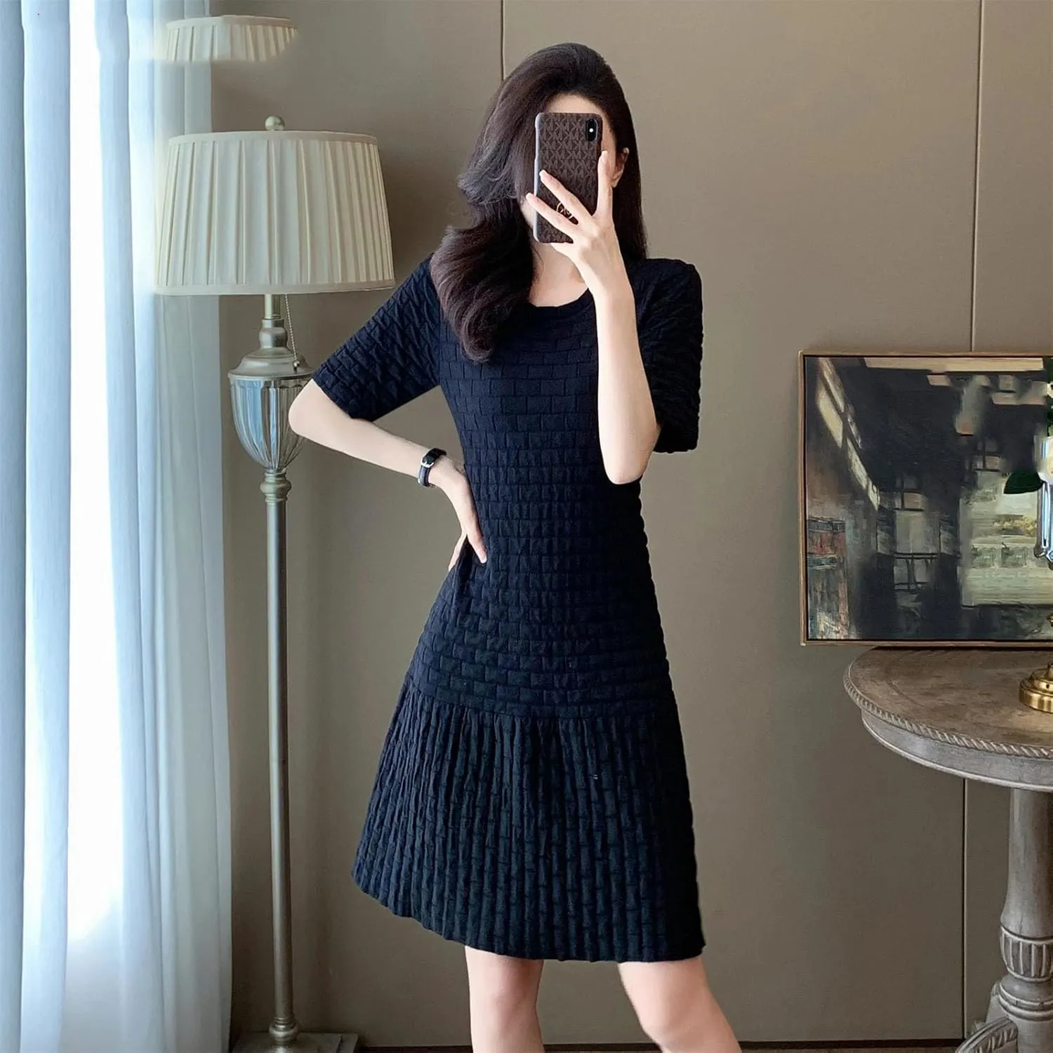 Women's Plaid Knitted Dress - O-Neck Short Sleeve Ruffled Pleated Party Dress